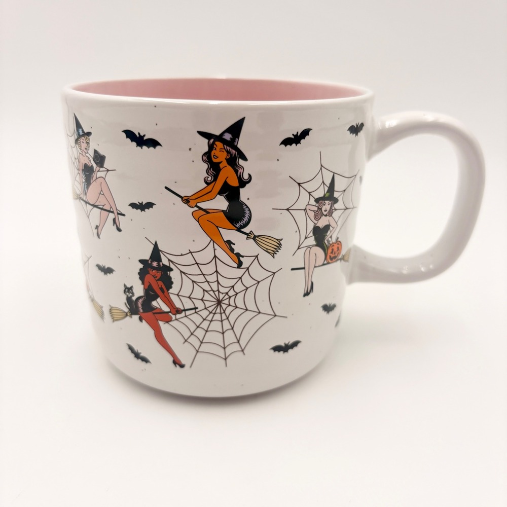Retro Pin Up Witch Halloween Coffee Mug White Pink Interior Bats Spiderwebs